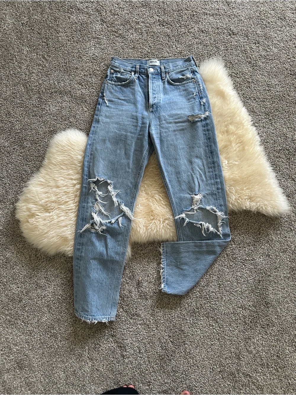 ✨ Agolde Women’s Light Blue Distressed High-Waist 90s Jeans in Size 23✨